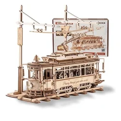 Robotime rokr Wooden Toy Tram Train Set 3D Wooden Puzzles Model Car Kits with Railway  for Adults to Build for Christmas