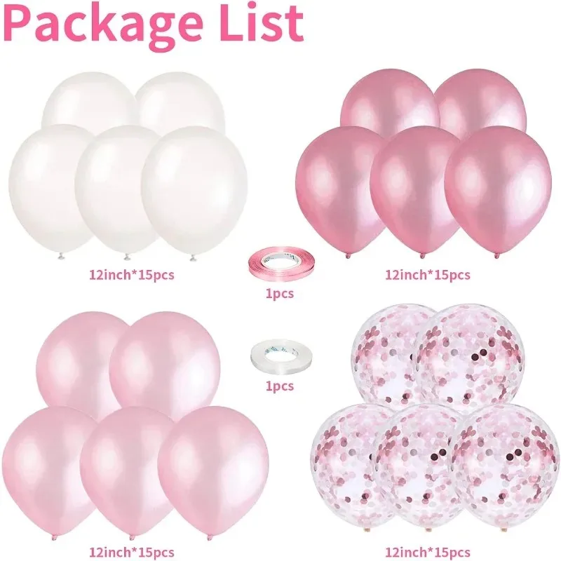 60 paquetes de 12 pulgadas para decoraciones de fiesta de cumpleaños, globos de boda para niñas y mujeres, rosa claro y blanco con globo de confeti