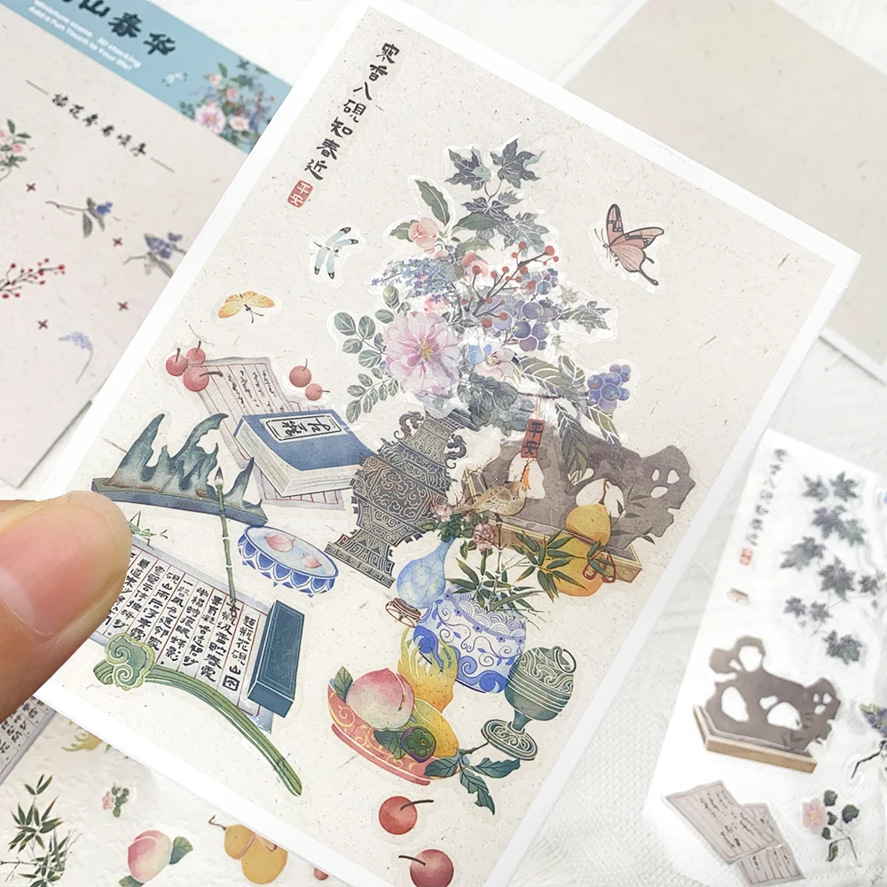 Chinese Style Flower Miniature Scene 3D Landscaping Stickers DIY Scene Stacking and Pasting Hand Account Transparent Stickers