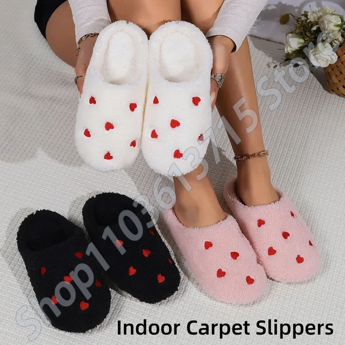 Winter Women's Heart-Shaped Slippers Love Mute Soft Sole Shoes Indoor Comfortable Cute Silent Carpet Light Living Room