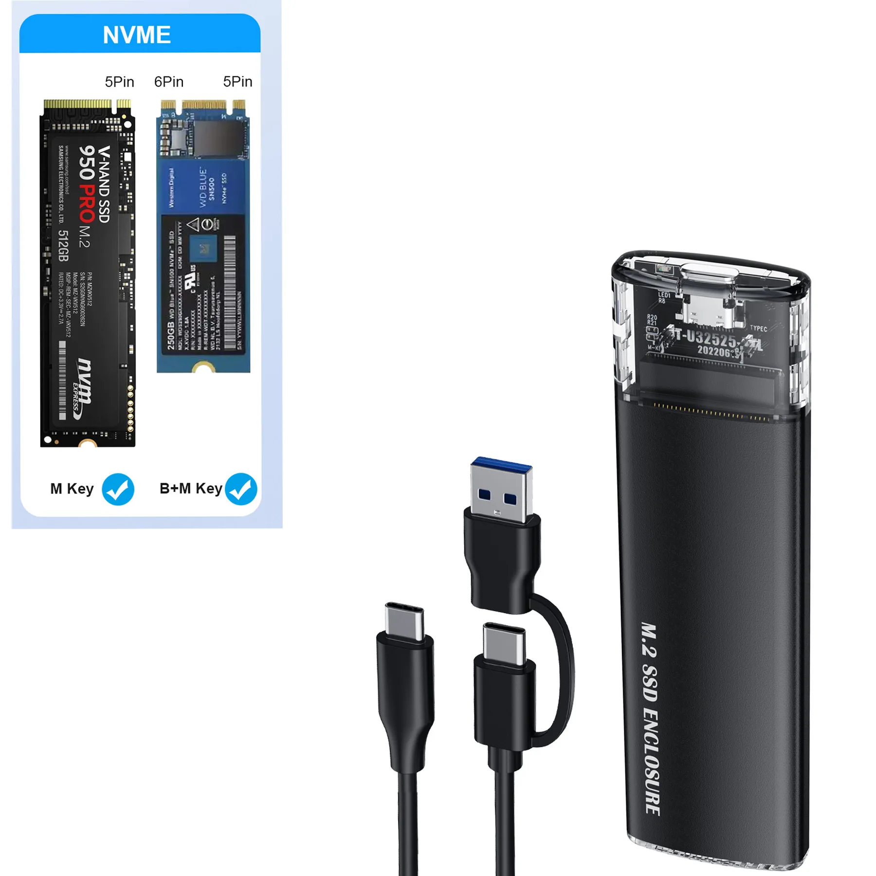 Dual Protocol M.2 Solid State Drive Box - NVMe to TypeC External SATA Mobile M2 Universal SSD Adapter for Reading And Writing