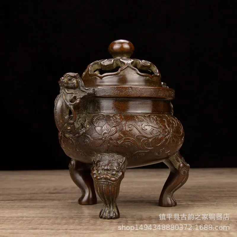 Brass Fine Pure Copper Three Lions Foot Lotus Burner Incense Holder Office Living Room Decoration