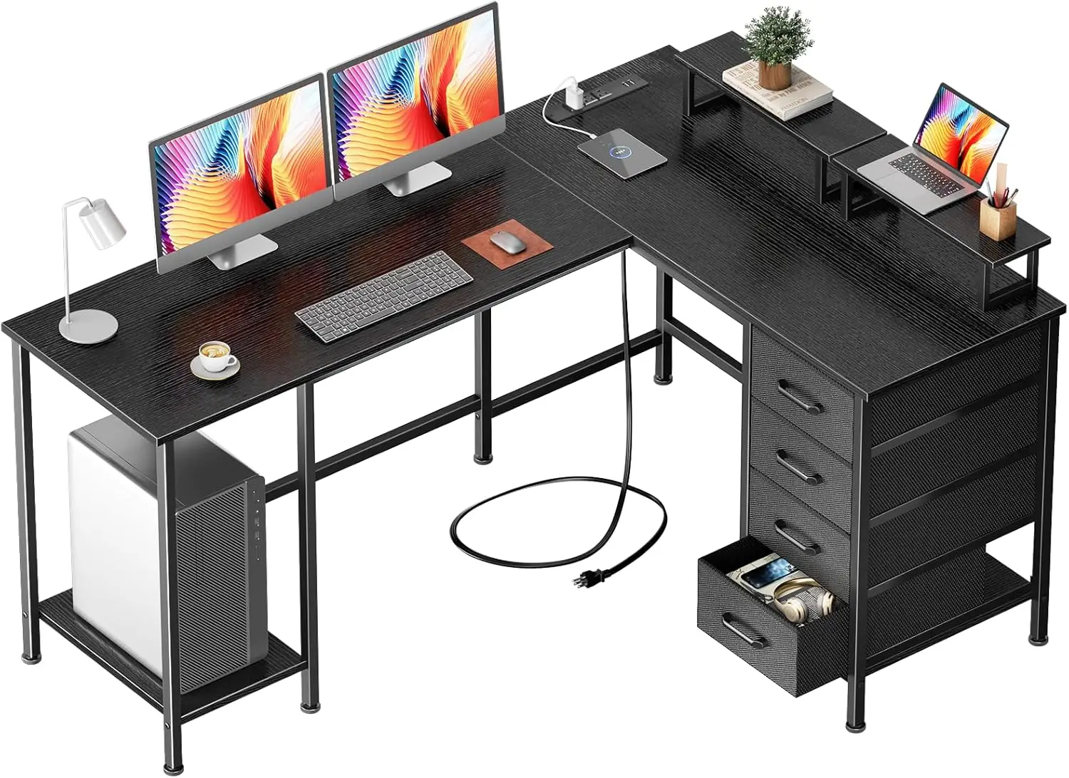 

59-дюймовый L-образный компьютерный стол с розетками, 4 ящиками и подставками для монитора для домашнего офиса и игр