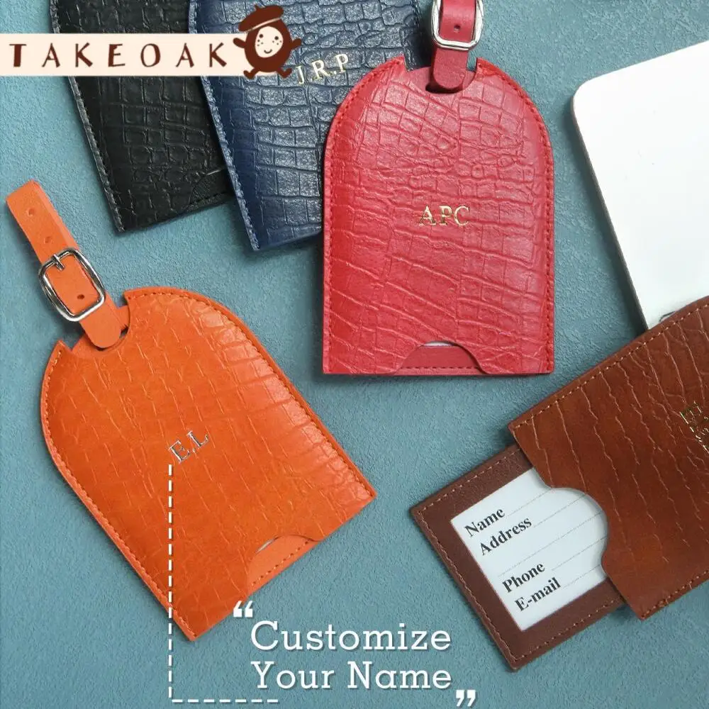 Custom Name Luggage Tag Gold Hot Stamp Initials Crocodile Texture Pu Suitcase Label Privacy Cover Adjustable Strap Travel Gift