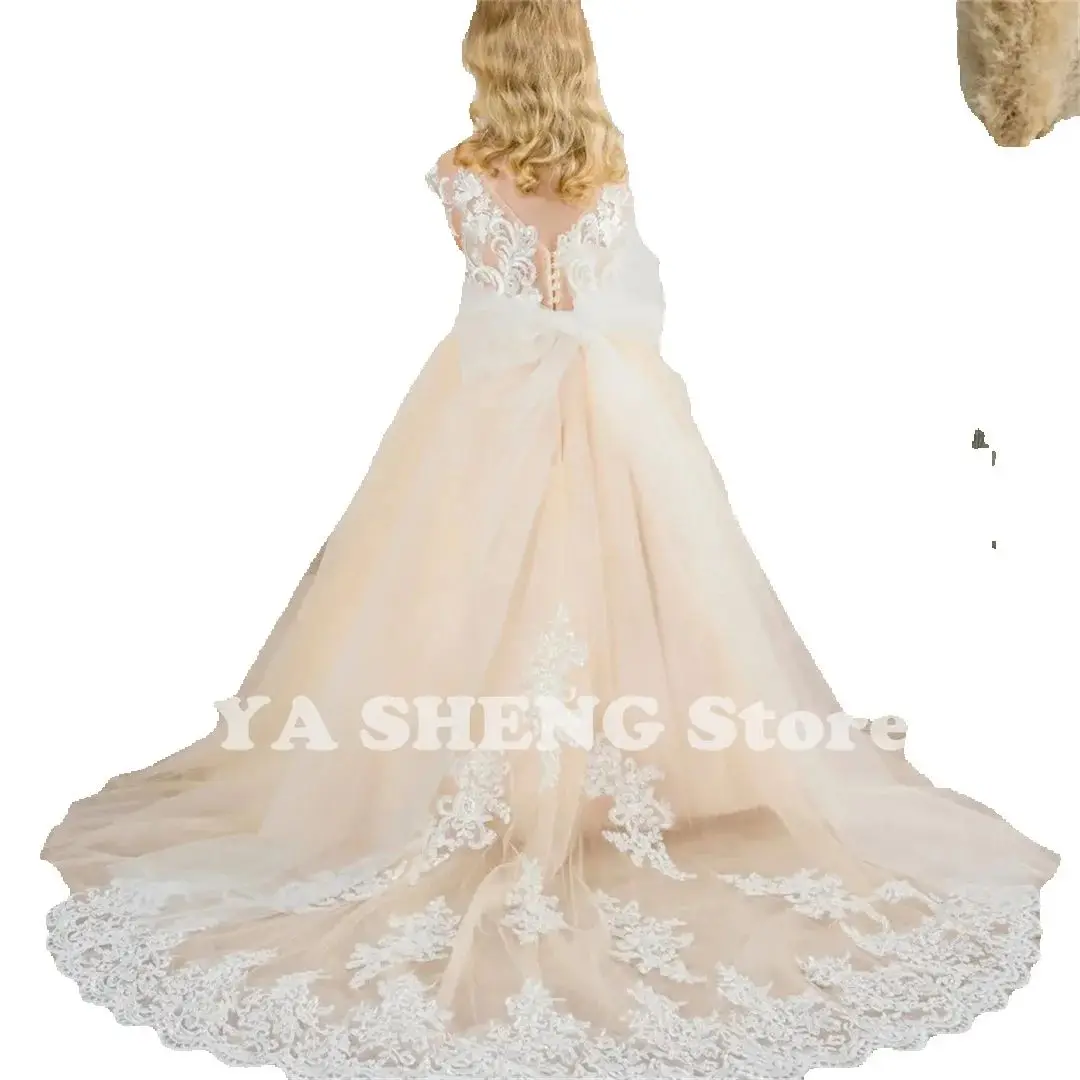 Champagne Lace Flower Girl Dress Sleeveless Round Neck Wedding Elegant Little Trail Flower Children's First Communion Dress