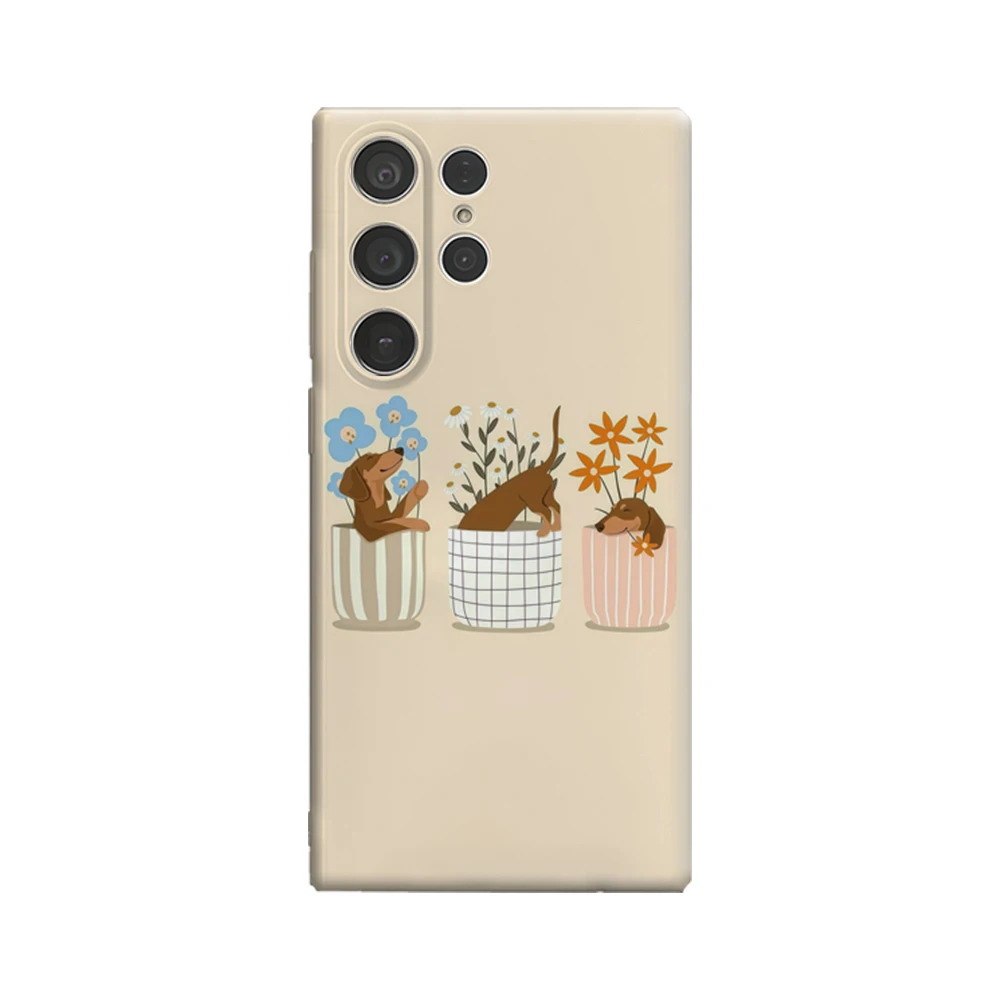 Blooming Puppy Pots Phone Case for Samsung Galaxy S25 Ultra S24 S23 Ultra Plus Glossy Double-layer Back Cover