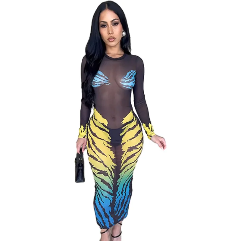 Summer Elegant Women Hip Wrap Dress See Through Dresses Sexy Gradient Print Mesh Leopard Print Female Party Evening Streetwear