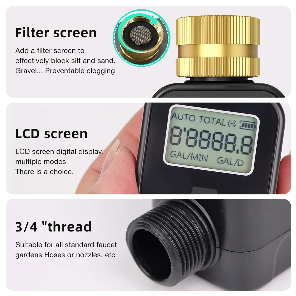 Digital Water Flow Meter High Accuracy IP5X Measure Water Consumption and Flow Rate for Outdoor Garden Watering Irrigation Hose