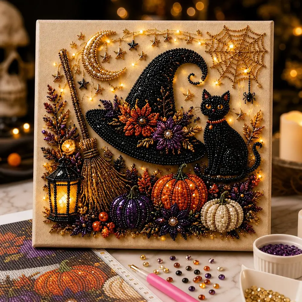Halloween Geist & Kürbis 3D Perlenkunst DIY-Set 3D Perlenmosaik Bastelset Niedliche Schwarze Katze Geist Kürbis Leinwandkunst Heimdekoration – Detail 10