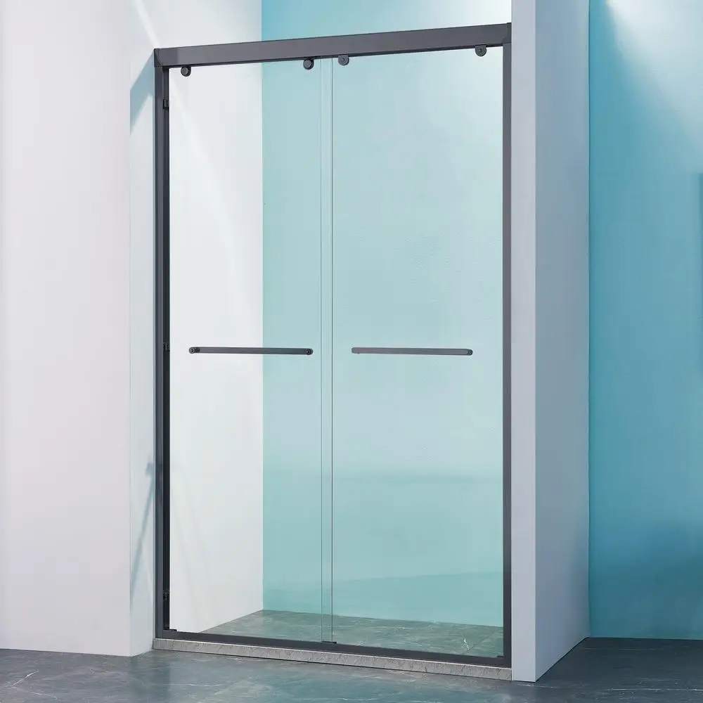 

44-48 Inch Double Sliding Shower Door with Aluminum Alloy Frame 8mm Tempered Clear Glass Matte Black for Bathroom
