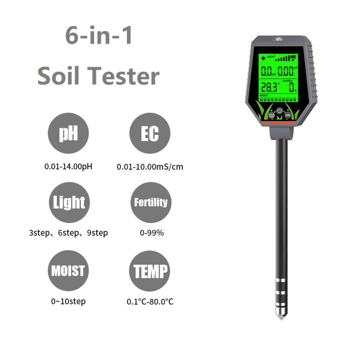 

ABMO 6-In-1 Soil Tester PH/EC/Humidity/Sunlight/Fertility/Temp Digital Soil Moisture Tester PH Meter for Gardening Hydroponic