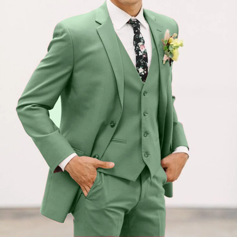 

Men Suit 3 Pieces Green Solid With Peaked Lapel Business Casual Fit Wedding Groom Party Banquet Set Jacket Vest With Pants