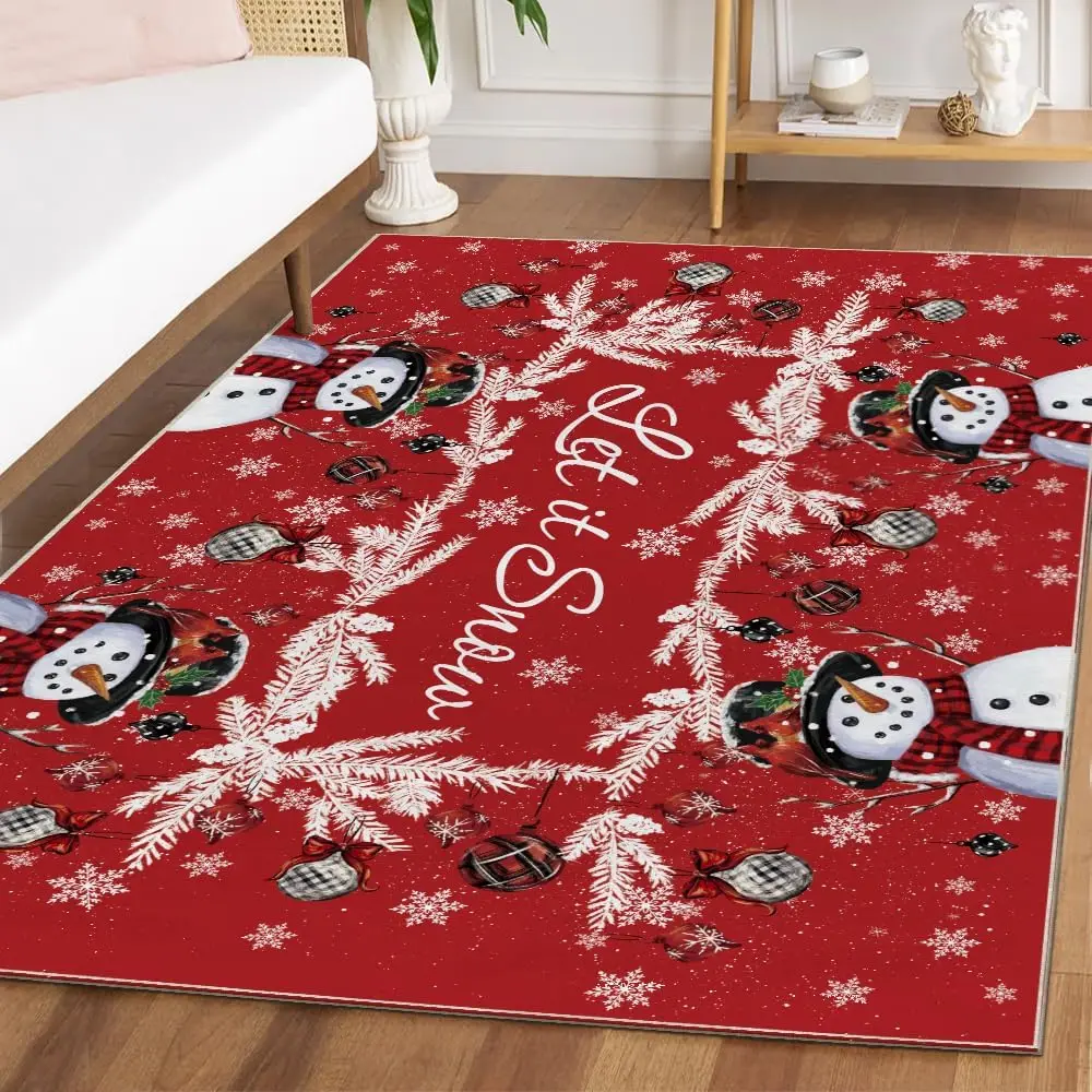 Red Snowman Let It Snow Ball Christmas Area Rug,Xmas Winter Home Decor Low-Profile Washable Area Rugs for Entryway Bedroom