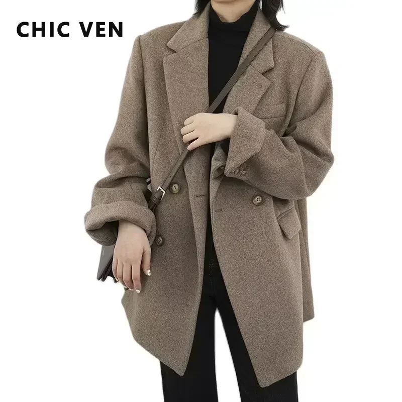 CHIC VEN Women Wool Blend Coat Solid Mid Long Woolen Blazer Thick Warm Blouse Women\'s Overcoat Office Lady Tops Autumn Winter