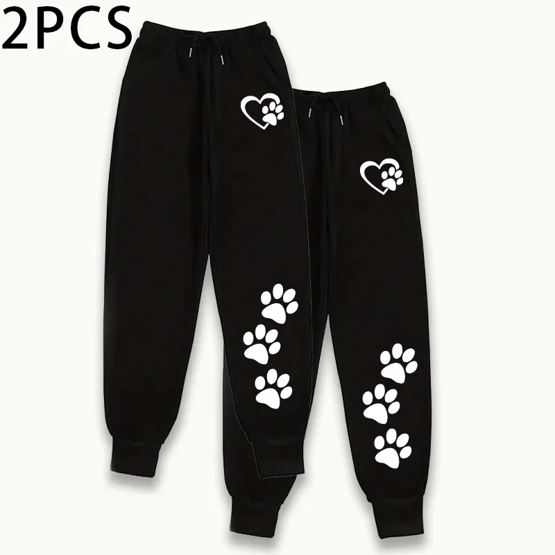 2 قطعة Sweatpants المرأة عادية بلون رياضي سراويل للجري الخريف الشتاء المنزل في الهواء الطلق الراحة لطيف القلب باو طباعة بنطلون