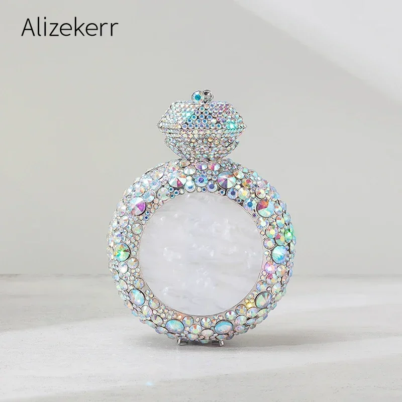 Alizekerr Borse da sera in cristallo a forma di bottiglia di profumo da donna Splendide borse con pochette rotonde in metallo con strass di classe