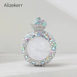 Alizekerr Perfume Bottle Shaped Crystal Evening Bags Women Gorgeous Classy Rhinestone Round Metal Clutch Purses Wedding Party