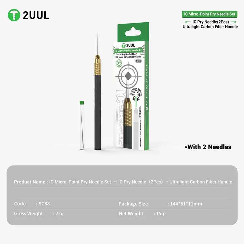 2UUL SC88 IC Micro-Point Pry Needle 2pcs Set with Ultralight Carbon Fiber Handle Glue Removal Tin Dragging Tool Set