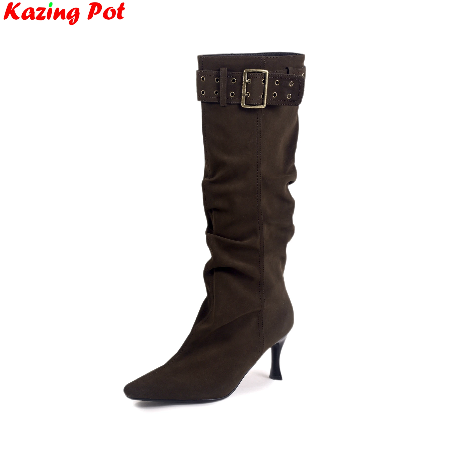 

Krazing Pot Ins Cow Skin Pointed Toe Stiletto Heels Modern High Boots Warm Winter Shoes Dating Belt Buckle Luxury Mid-calf Boots