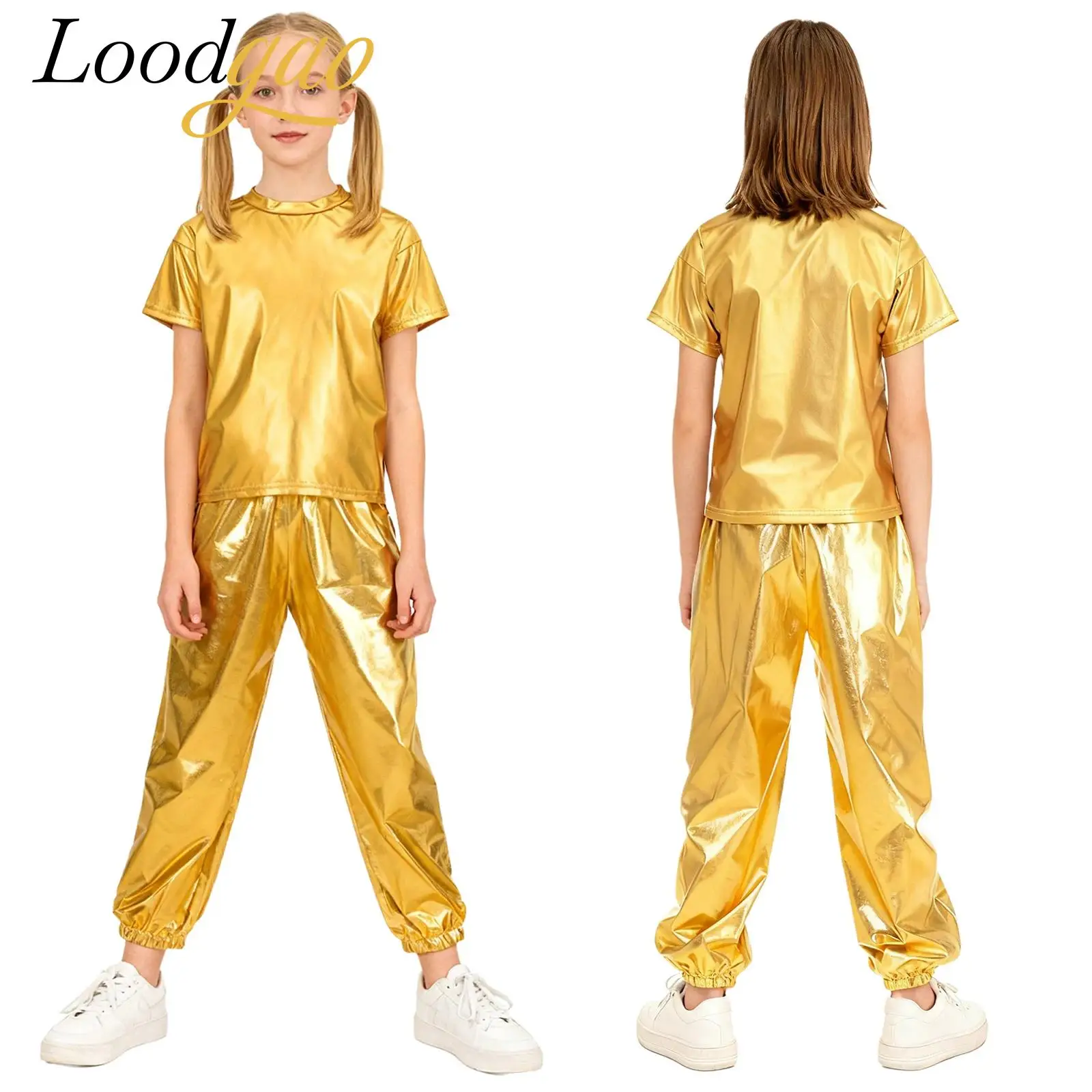 الفتيات الفتيان الهيب هوب 60s 70s ديسكو الزي تي شيرت + السراويل الاطفال الجاز ملابس الرقص الحديثة لامع الرقص أداء الحفلات زي #1