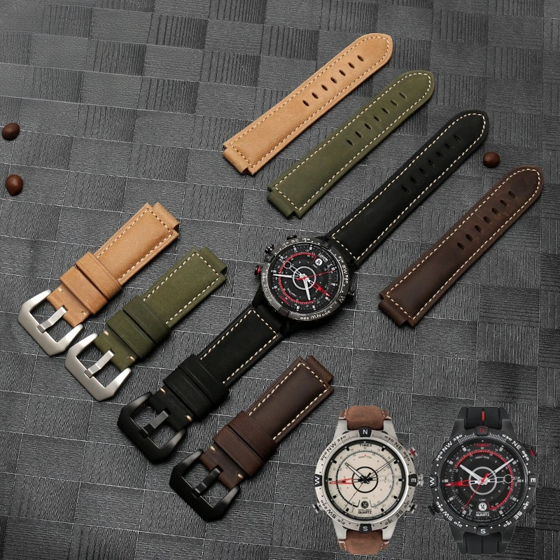 Genuine Leather Watch Strap for Timex Tide T2n720 T2n721 Waterproof Sweat-Proof Raised Mouth Men Accessories 24.16mm Wrist Strap