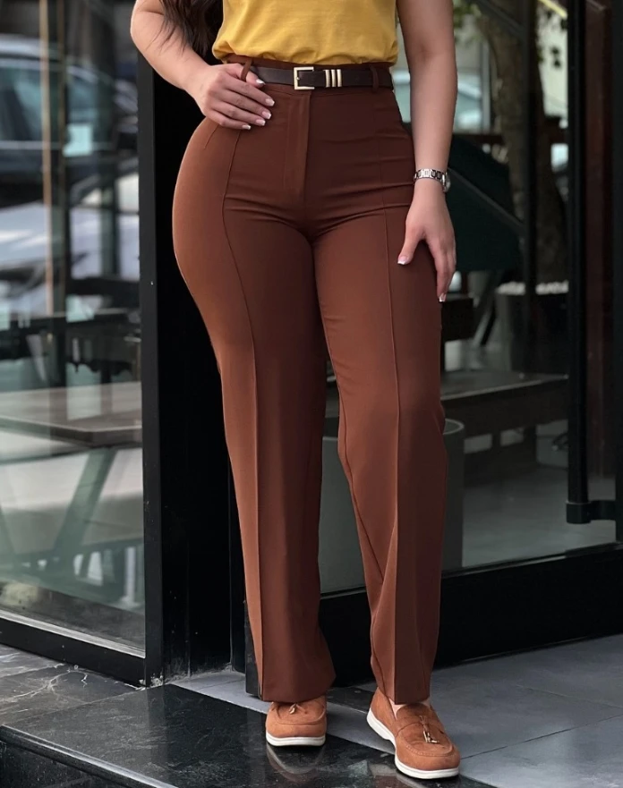 

2024 Women's Spring Autumn Fashion High Waist Straight Leg Work Pants Solid Color Temperament Commuting Long Pants