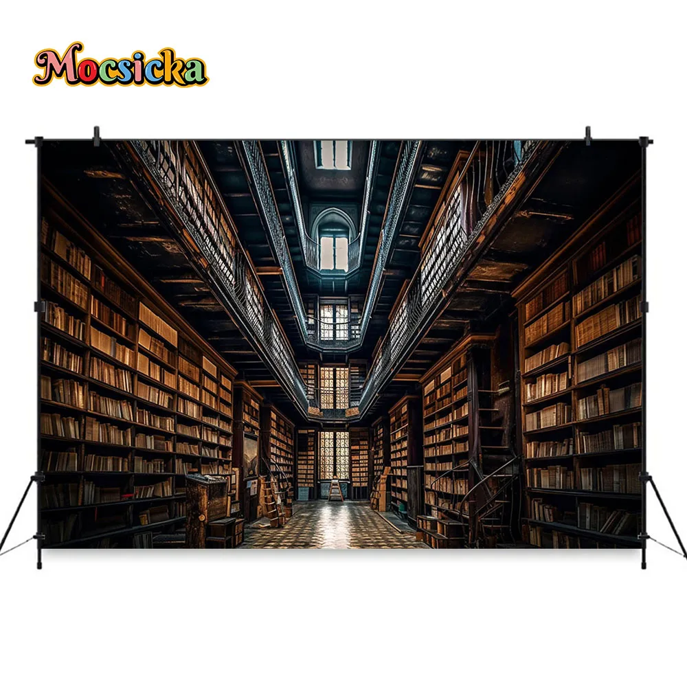 ตู้หนังสือตกแต่งฉากหลังสําหรับสตูดิโอถ่ายภาพอุปกรณ์ Back to School Holiday Party พื้นหลัง Retro หนังสือชั้นวางหนังสือ Photozone