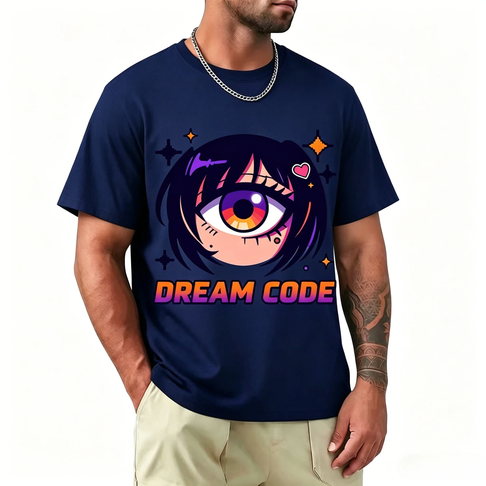 Dream Code Anime Big Eye Girl Pixel Star Heart Print T-Shirt 100% Cotton Oversize Casual Short Sleeve Tee for Men Women Kids
