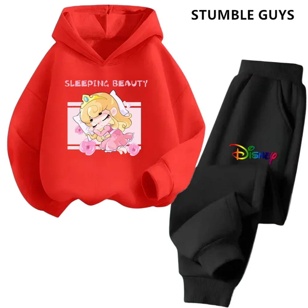 Disney Sleeping Beauty Hoodie Set Girls Cartoon 3-14 Years Old Kawaii Street Casual Kids Sweatshirt Children\'s Trucksuit