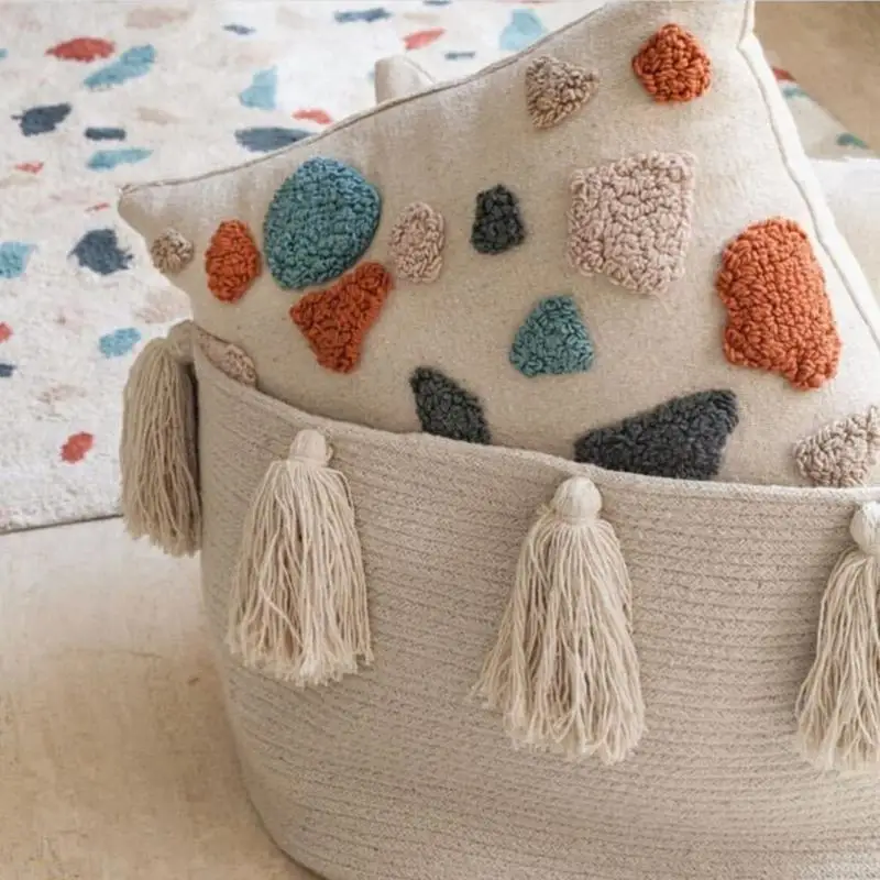 White Rope Basket Woven Hamper Home Storage Baskets Cotton Rope Laundry Basket Medium Rope Hamper Woven Storage Organizer For