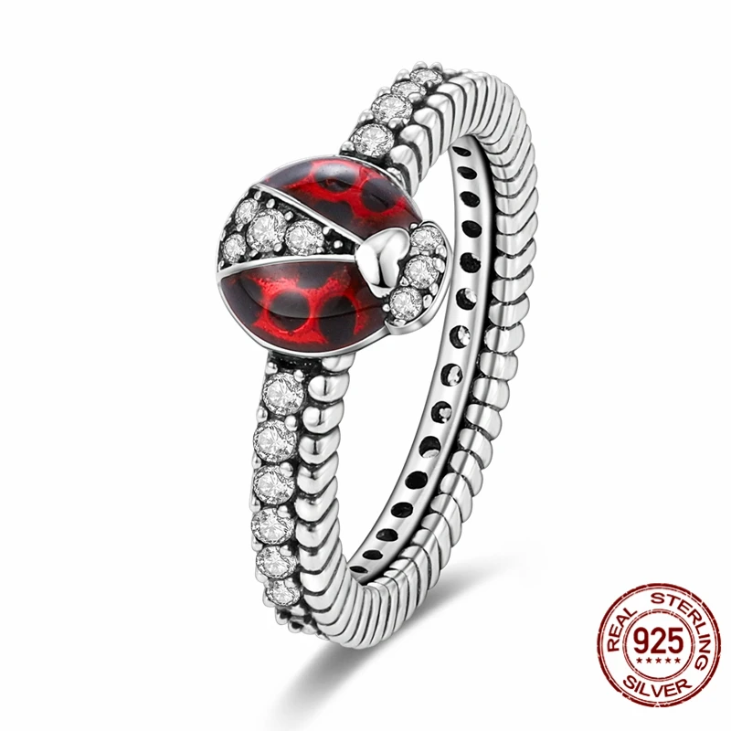 

Original 925 Sterling Silver Ladybug Track Ring For Women Valentine's Birthday Gift DIY Jewelry