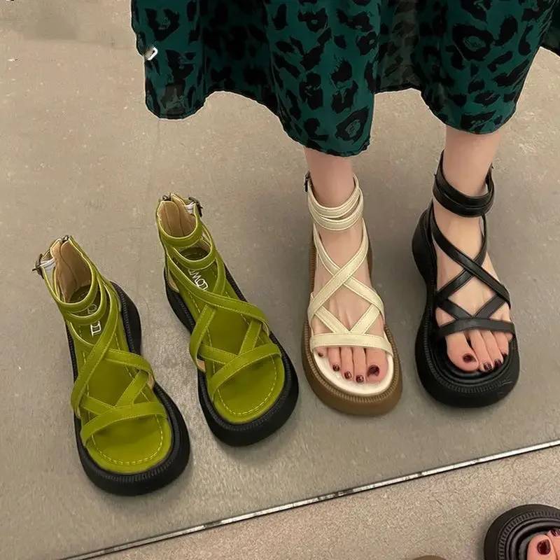 2023 Damesschoenen Groen Schoeisel Met Medium Hakken Zomer Romeinse Stijl Sandalen Voor Vrouw Platform Rits Nieuwe Ademende Mode