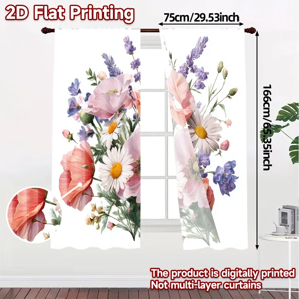 2pcs, 2D FLAT PRINTING Curtains (Without Rod) Blooming Harmony Chic Curtain Cloth Versatile 100% Polyester Curtains All Seasons