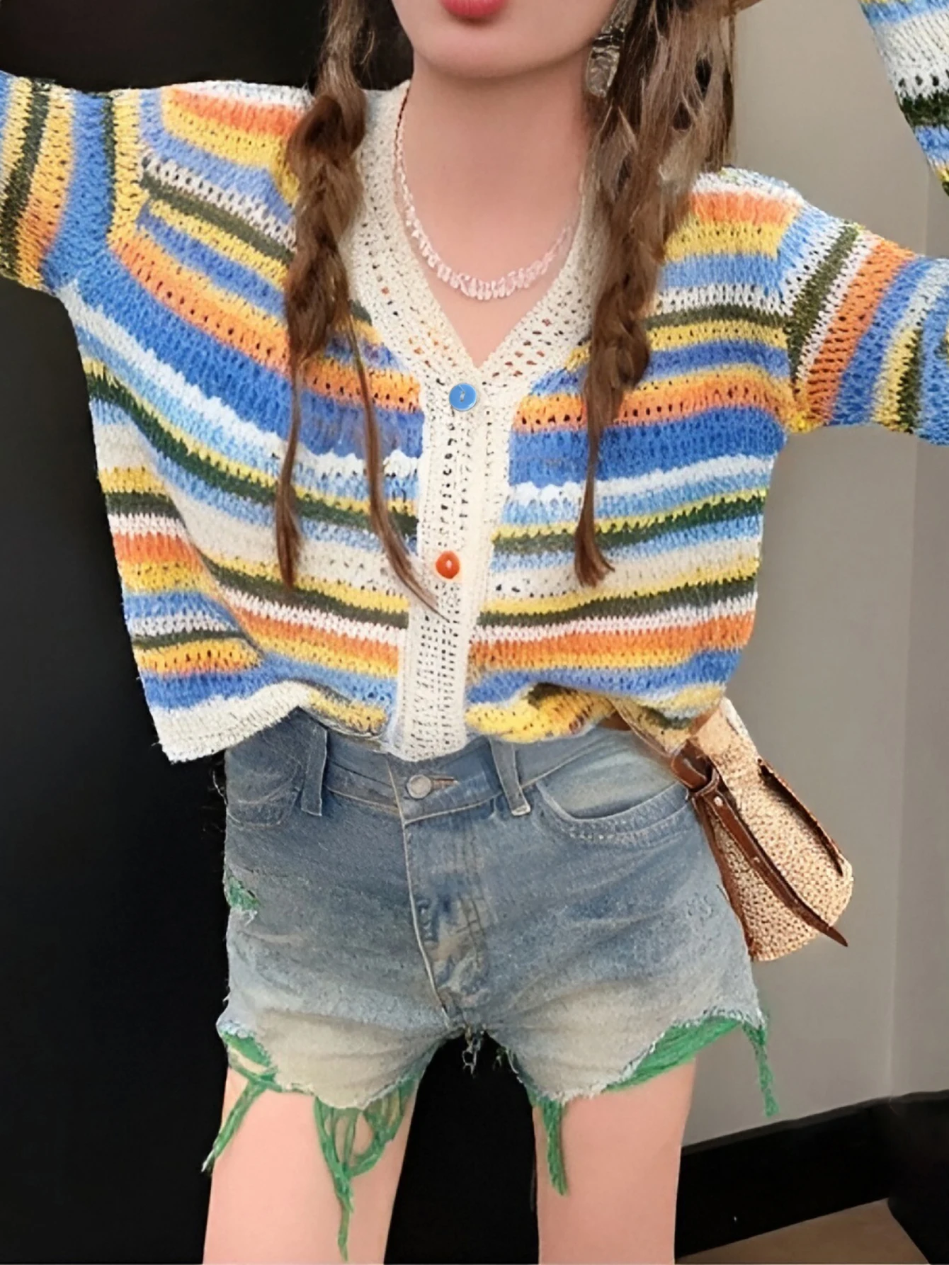 

Alicedudu Women's Autumn and Winter Cute Casual Vacation Age-Reducing Colorful Strip Design Long-Sleeved Sweater Cardigan Jacket