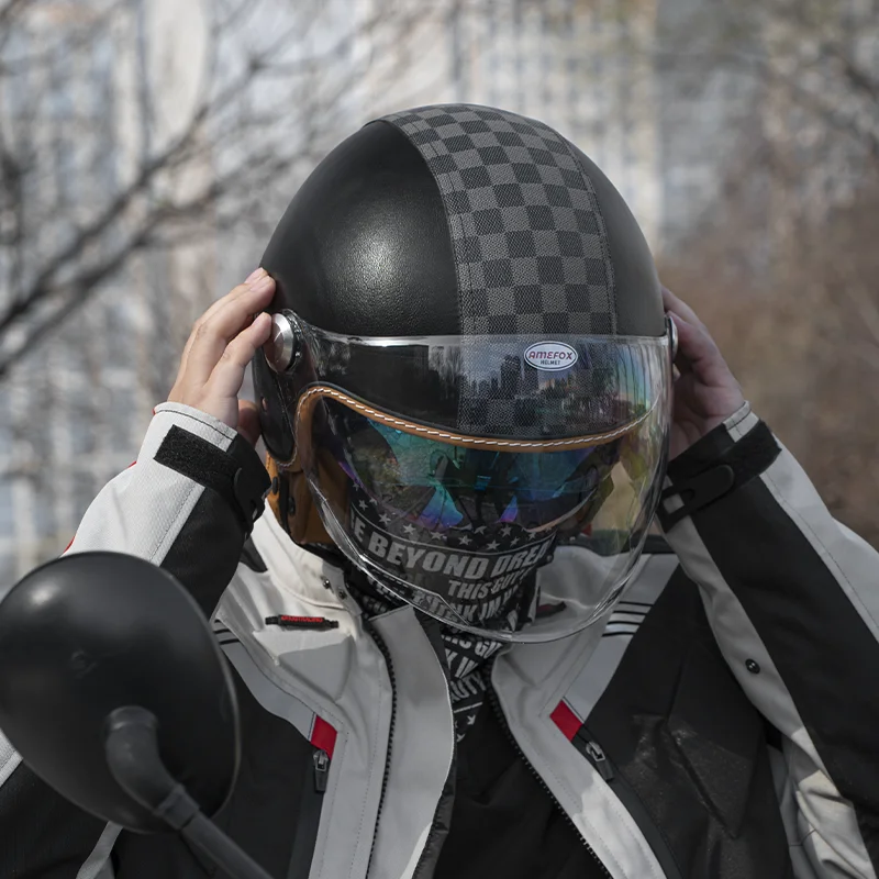 

Vintage Leather Black Plaid Open Face 3/4 Motorcycle Helmet Classic Cruisers Features for Retro Motorcycle Enthusiasts Safety