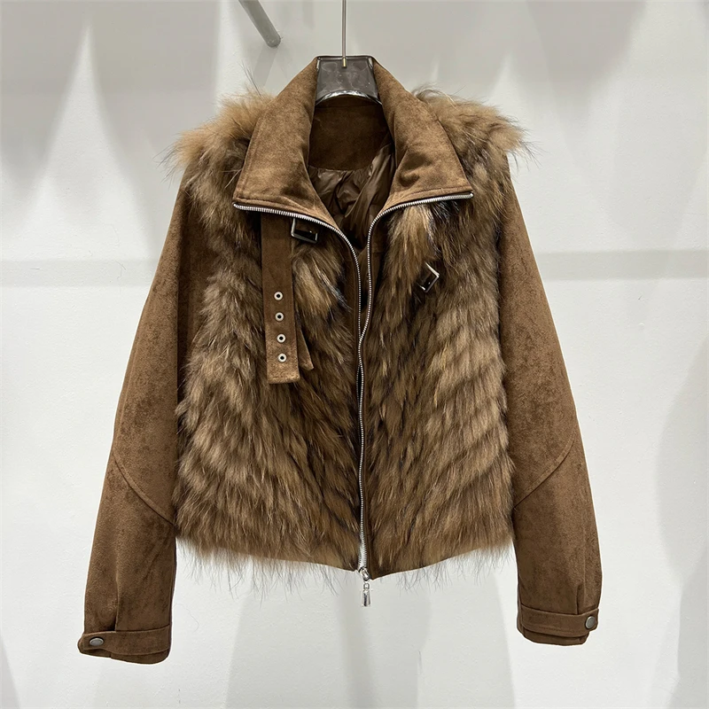 Y2K High-Quality Winter Fox Fur Trim Short Two-Piece Set 90 Goose down Biker Style Fashion High Street Jacket for Women
