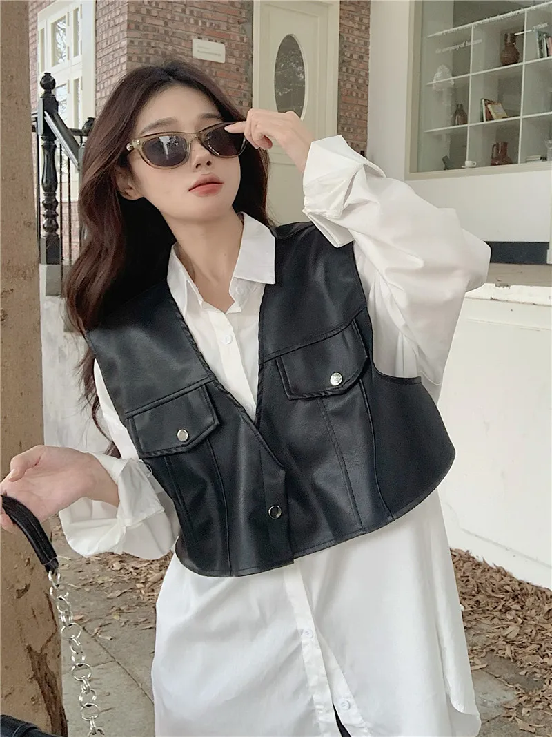 Korean Style Long Loose Turn-down Collar Long Sleeved Shirt+Leather Vest Two-piece Set Fashion Woman Clothes Set White Blouses