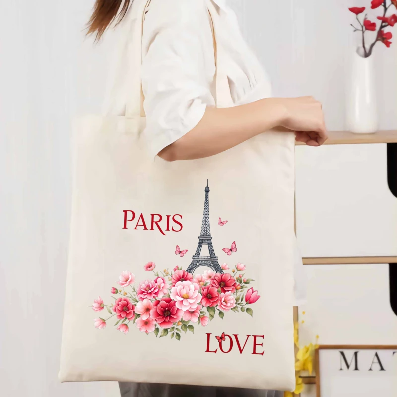 Bolso tote de lona, estampado floral de amor de la Torre Eiffel de París color crema, bolso de supermercado para mujer, accesorios de moda para uso diario