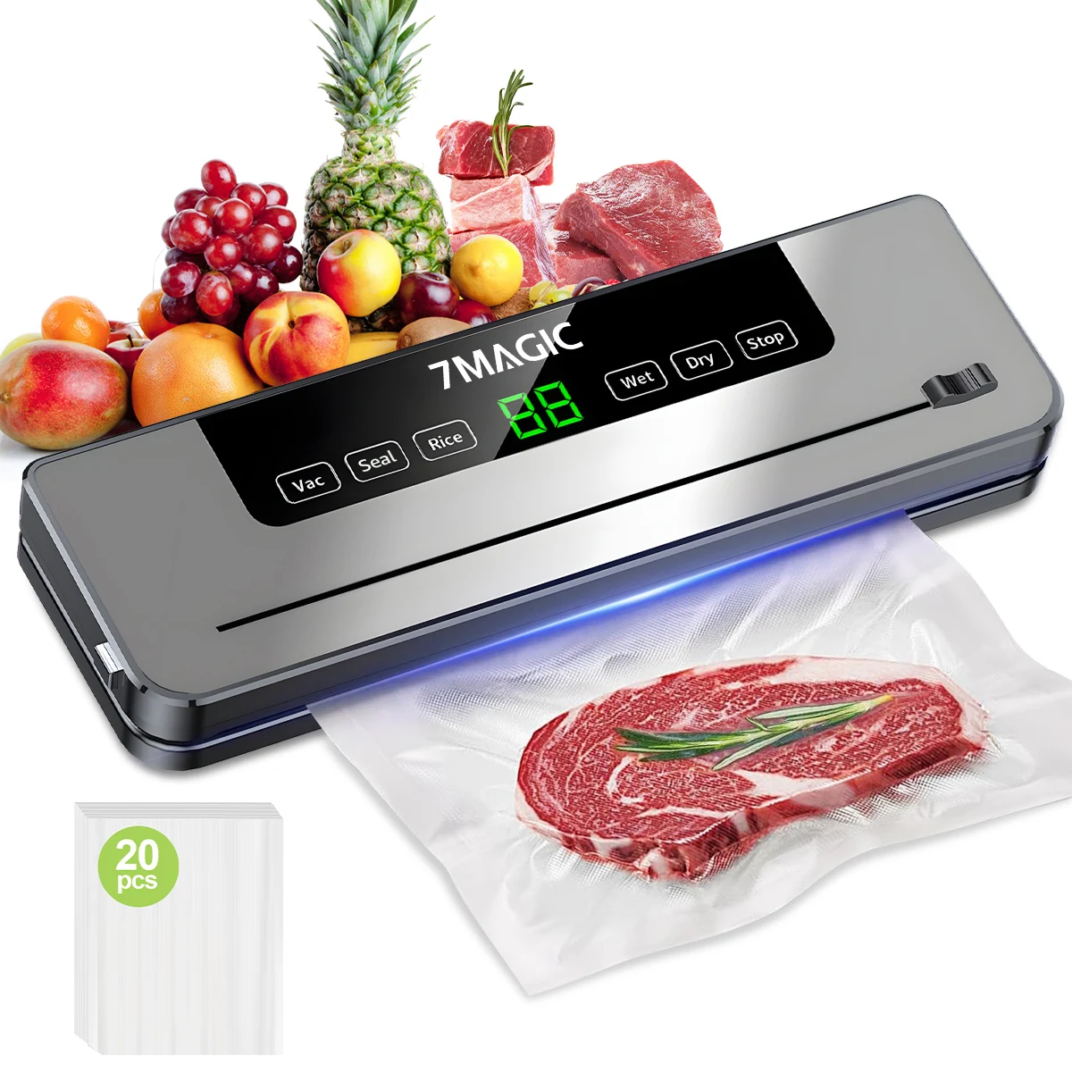 Scelleuse sous vide avec 20 sacs – Sceau puissant 80KPA pour aliments secs et humides, système automatique de conservation des aliments, compact et rapide