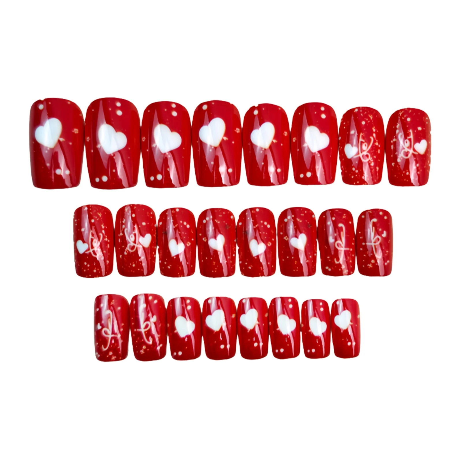 24Pcs Press on Nails Glossy Medium Long Square False Nails for Women Heart Design Resin Manicure Wedding Party Reusable
