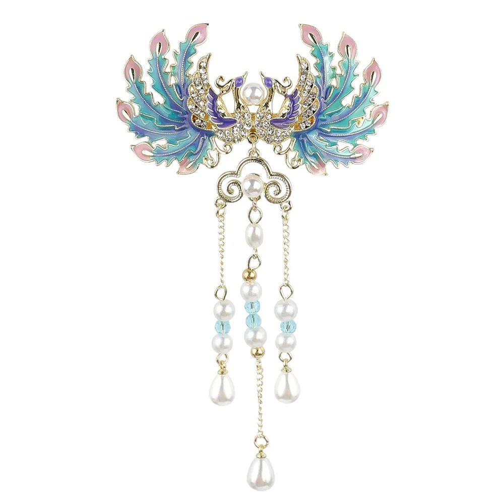 Vintage Chinese Enamel Phoenix Hair Clip Faux Pearl Tassel Spring Barrette For Women Back Head Updo Hanfu Party Hair Accessory