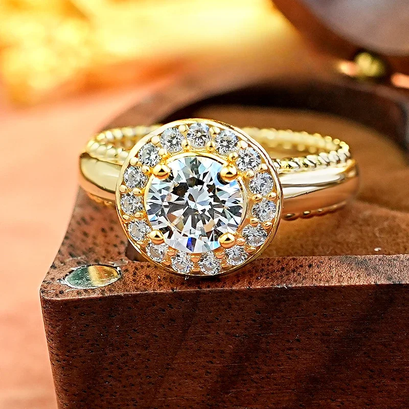 New Round Diamond Retro Ball Edge Wide Arm 925 Silver marry Ring Diamond Ring Women's Gold Light Luxury marry Jewelry