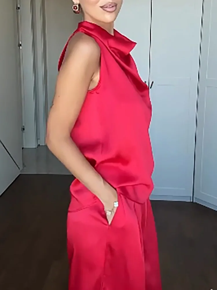 

2025 весенний модный однотонный атласный офисный костюм, женский элегантный топ с воротником, пуловер и длинные брюки, летний комплект без рукавов из 2 предметов