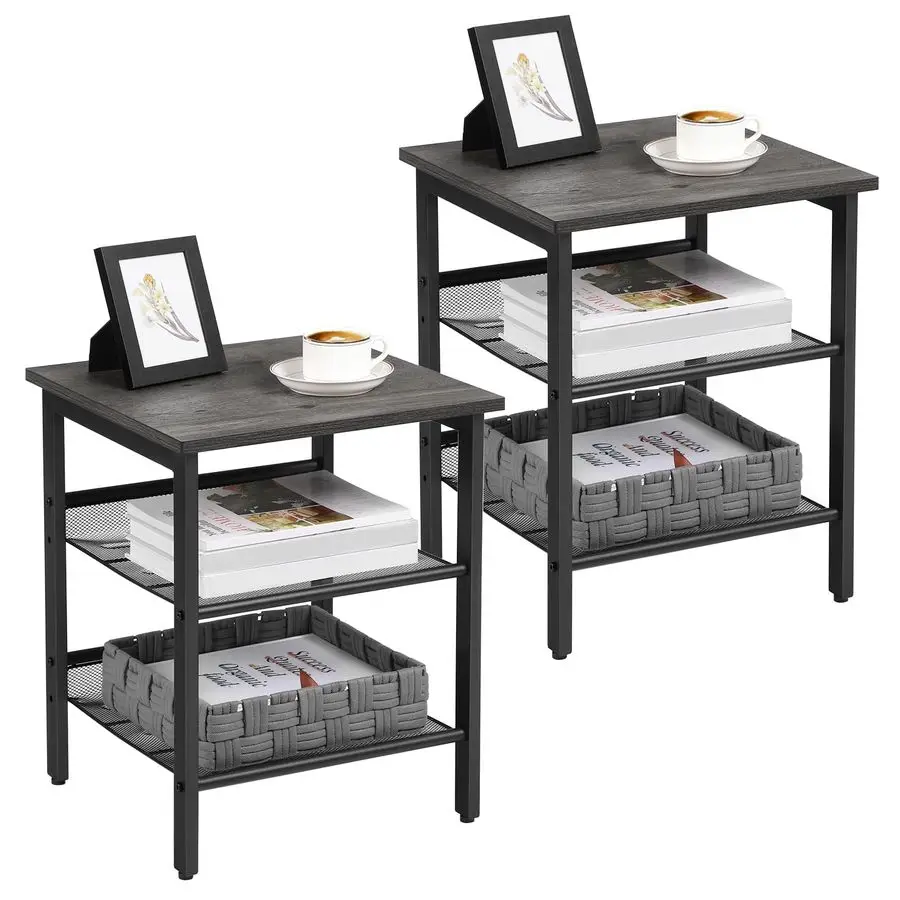 

Nightstand, Set of 2 Side Tables, End Tables with Adjustable Mesh Shelves, for Living Room, Bedroom, Industrial, Stable Steel F