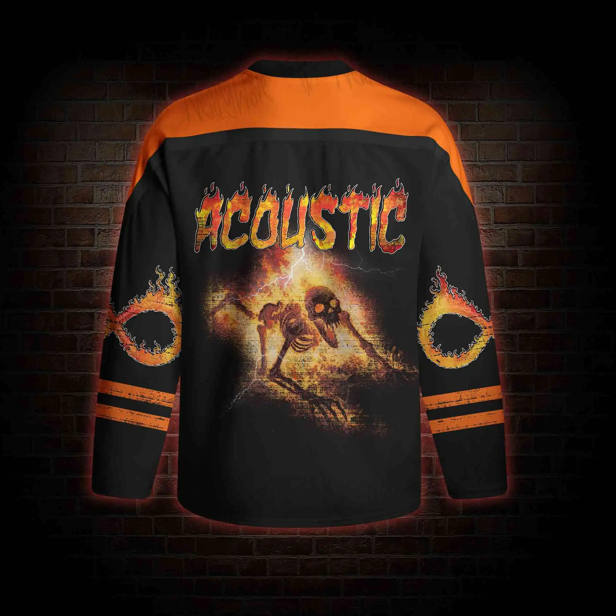 2026 Vintage Death Metal Skeleton Graphic Long Sleeve Hockey Jersey, Rock Streetwear Top, Explosion Flames Festival Party Outfit
