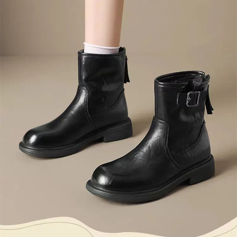 Damen Vintage Leder Stiefeletten Flache Ankle Boots Reißverschluss Hinten Schnalle Runde Spitze Bequeme Herbst Wanderschuhe Kurze Stiefel Weich Niedriger Absatz Retro Schnallenstiefel Freizeit – Detail 5