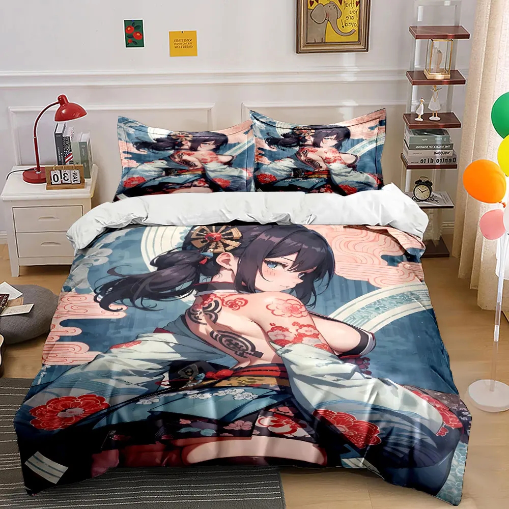 Kimono Tattooed Girl Backview Print Bedding Set 1 Duvet Cover 2 Pillowcases for Adult and Children Luxury Gift Full Size