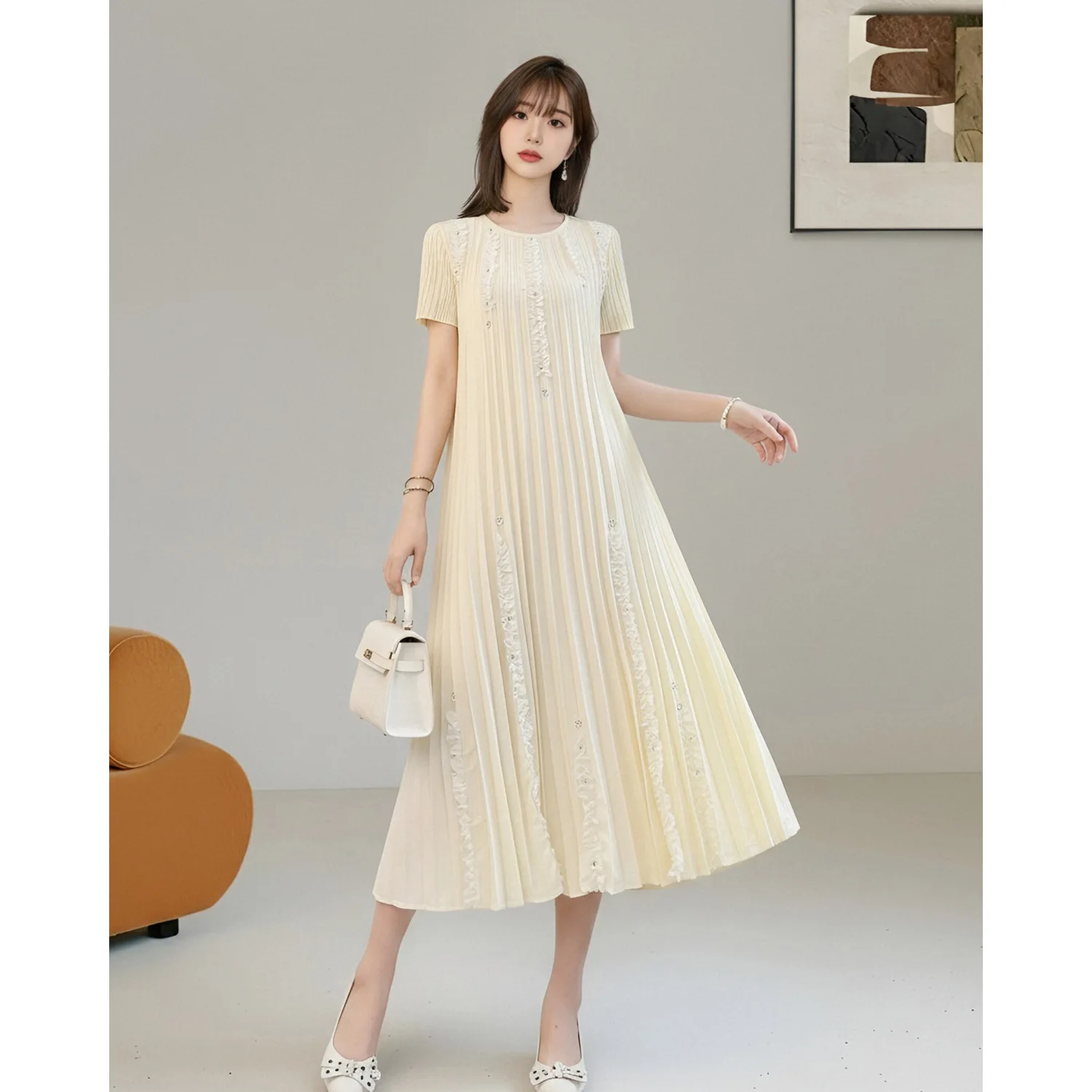 Elegant dress for women summer seaside resort style pink skirt Miyake pleated short-sleeved fashion large size pleated skirt - view 2