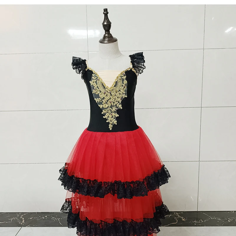 2023 New Red Spanish Dress For Adult Girls Long Romantic Ballet Tutu Skirt For Girls Soft Tulle Long Dress Performance Costumes