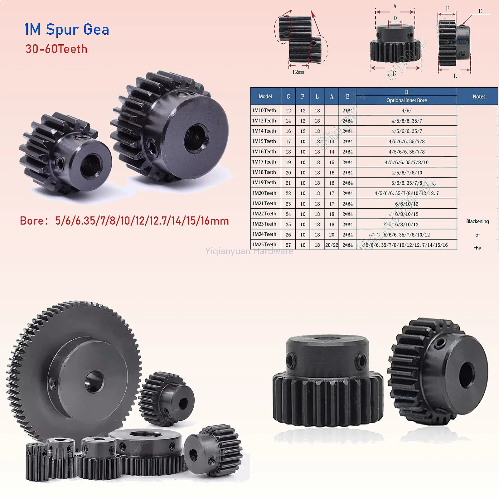 Yiqianyuan 1Piece 1 Module 30-60Teeth Spur Gear Bore 5~16mm Motor Gear Step Transmission Parts